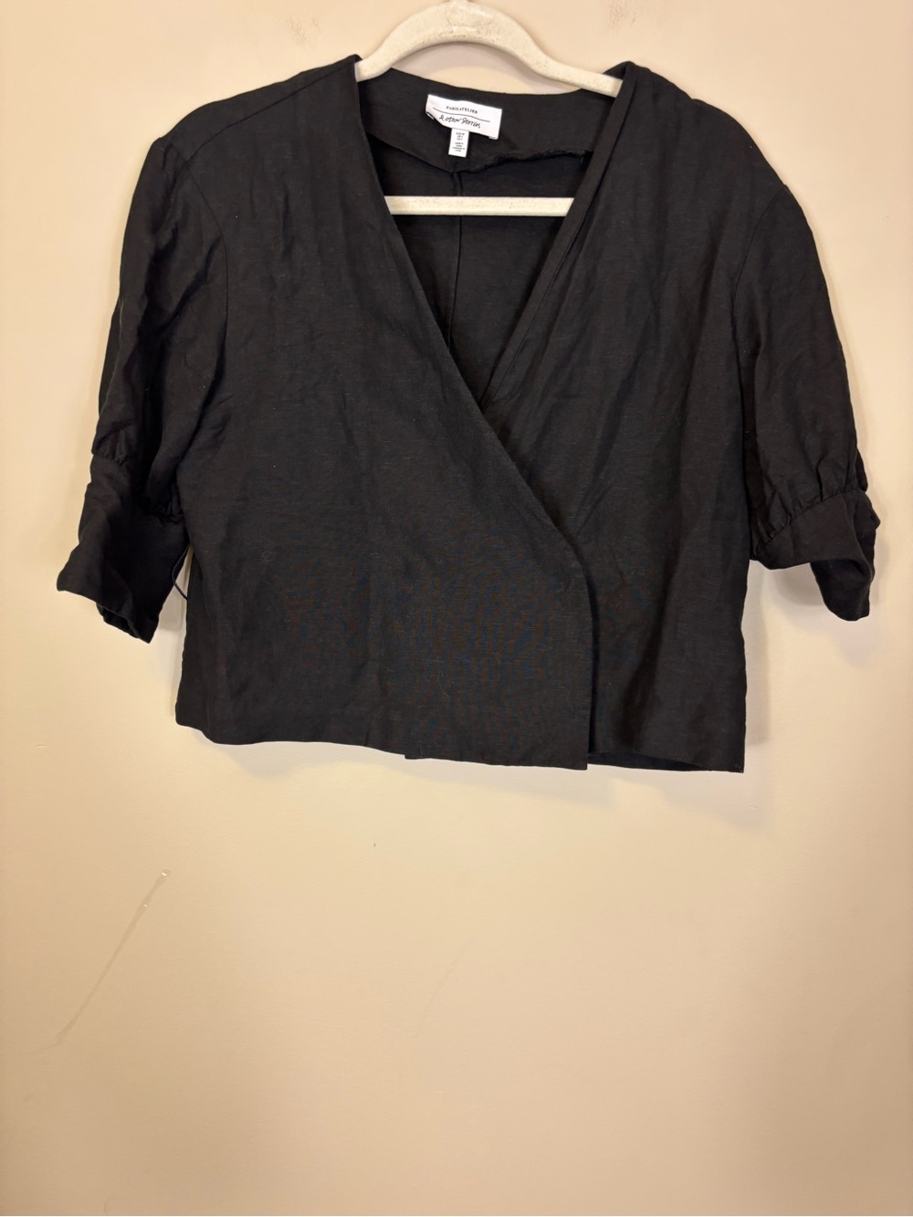 & Other Stories V Neck Black Cropped Wrap-Front Lined Blouse Top 4